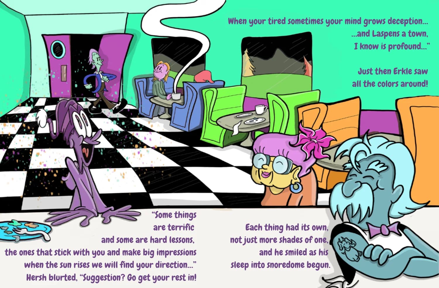 Colorful diner scene from Erkle Desherkle